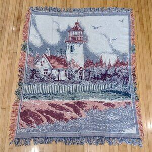 Vintage Lighthouse Woven Tapestry Throw Blanket Fringe Nautical Spain 48 X 55